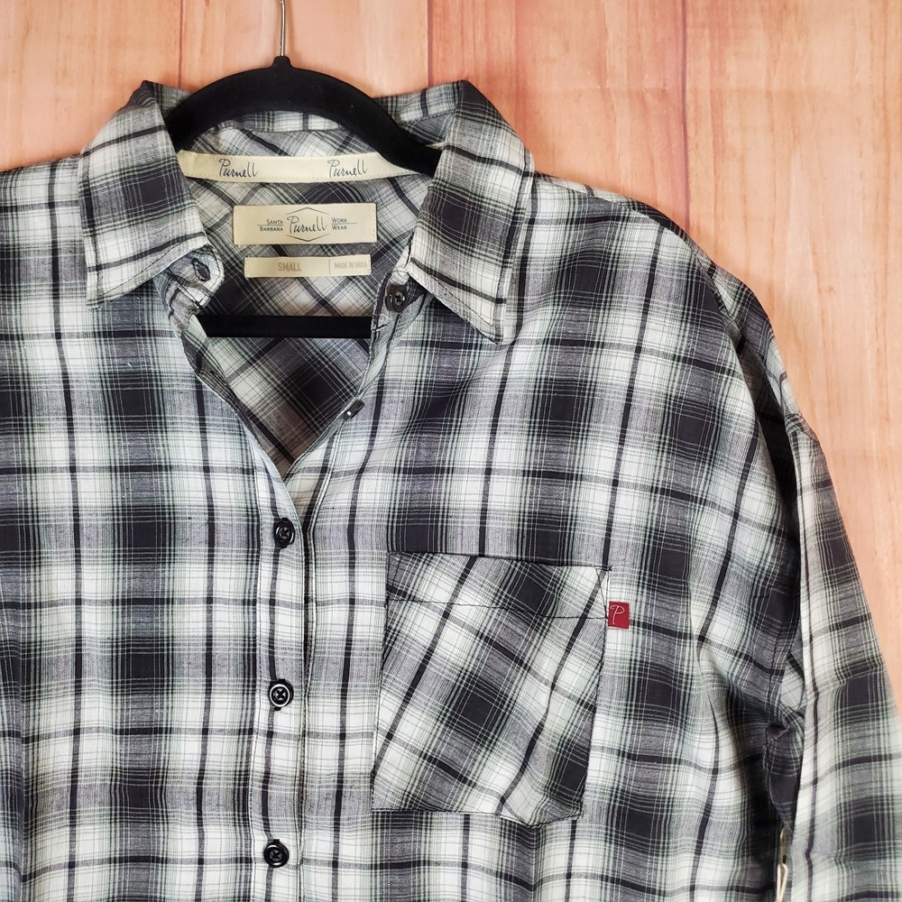 Purnell Santa Barbara Boyfriend Shirt Womens Small Black White Plaid Button Up - Picture 4 of 10